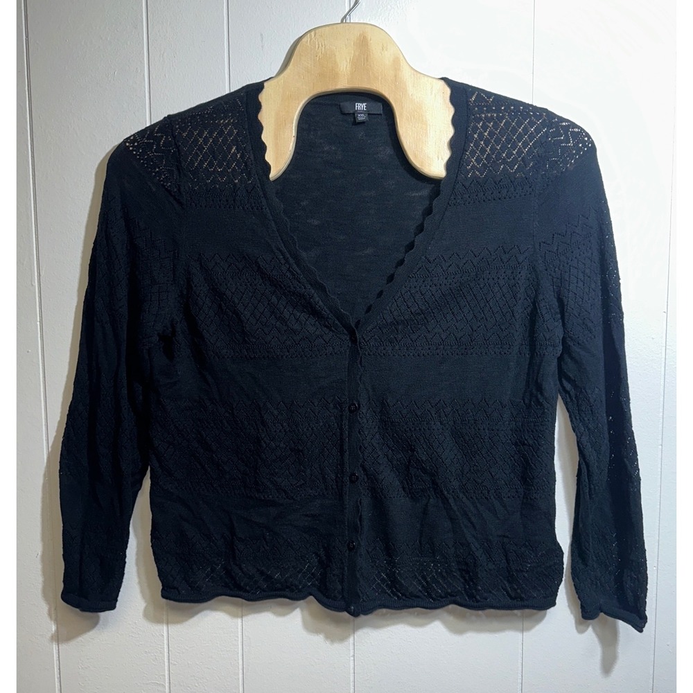 Frye Womens Black Pointelle Knit Scalloped V-Neck Button Cardigan Sweater XXL